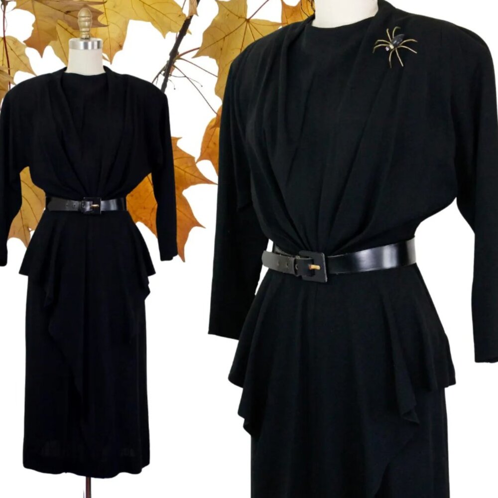 1940s Black Rayon Peplum Dress with Draped Skirt // Small Vintage Gothic Pinup